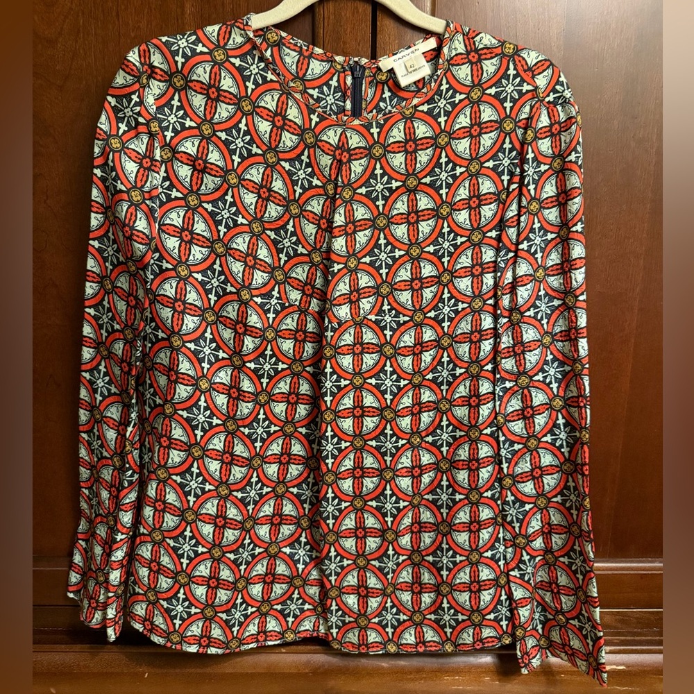 Carven Red, Blue & Mint Geometric Long-Sleeve Silk Blouse